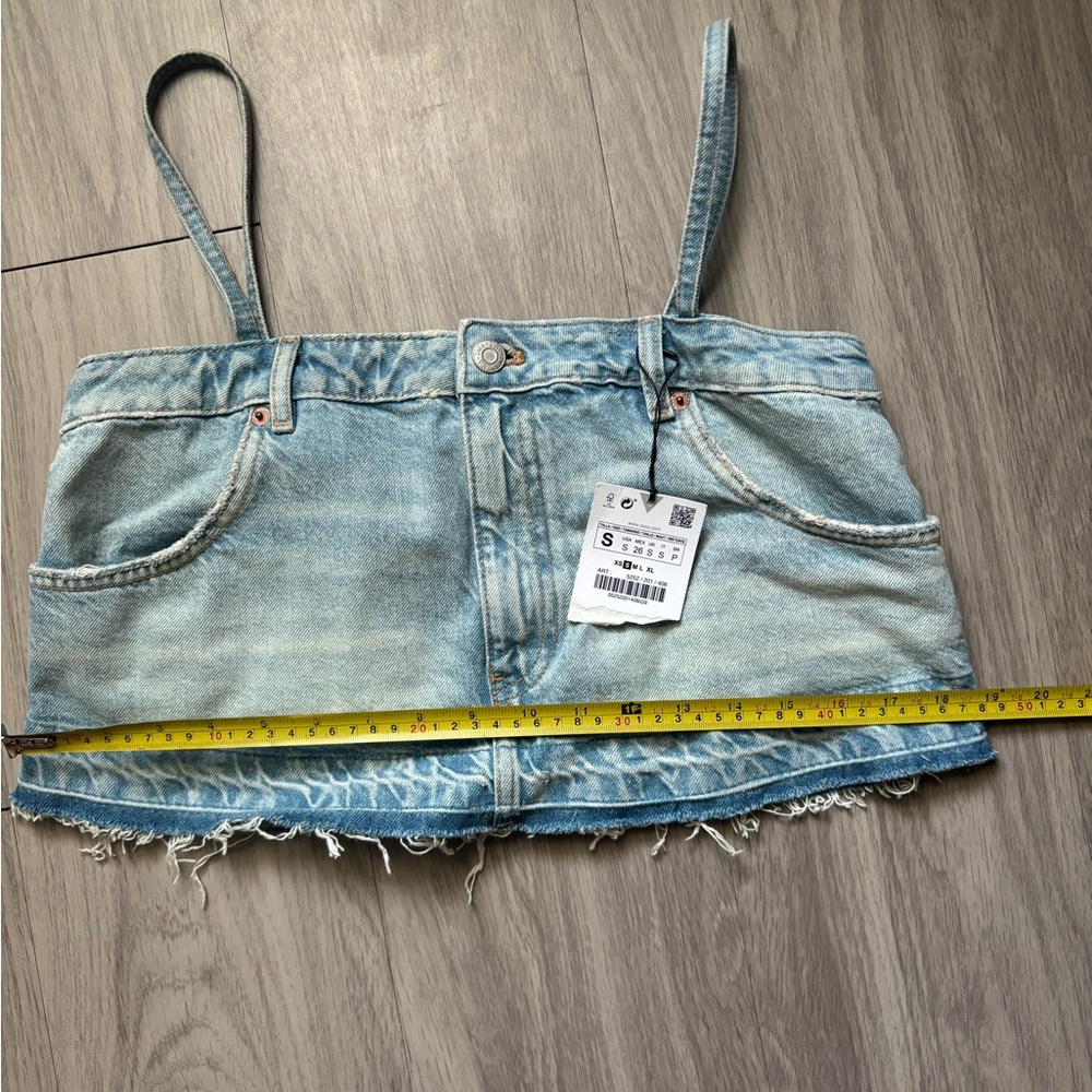 ZARA Skirt Effect Crop Denim Spaghetti Straps Jean Tank Top Small NWT - Picture 2 of 8